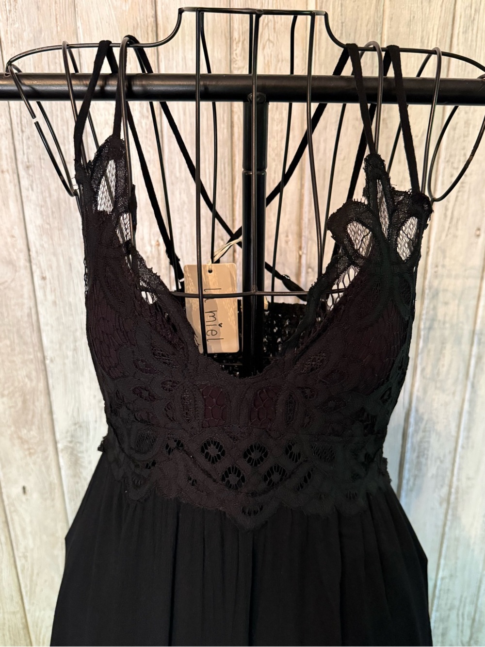 La Miel Black Lace-Front Midi Dress with Spaghetti Straps - Picture 3 of 13